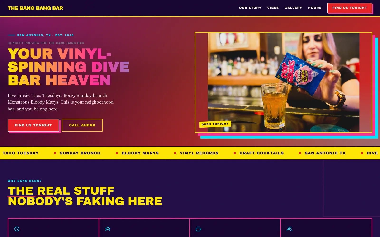 The Bang Bang Bar's website, regenerated by Solnita's engine into a bold maximalist design. An unsolicited concept, not client work.